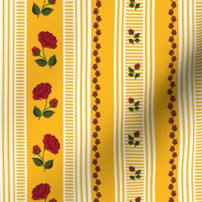 Yellow Rococo Stripes with Roses and Rosebuds