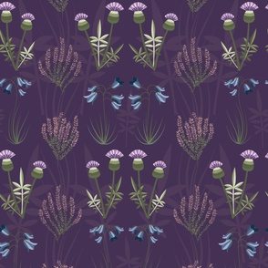 Jumbo - Flowers and leaves of Scotland on a rich berry purple coloured background with thistles, heather and bluebells.