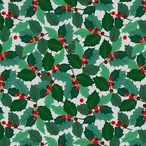 Christmas Holly Branches  green with Red on cream_SMALL