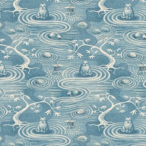 zen cats's garden wallpaper - aqua blue and ivory - medium scale