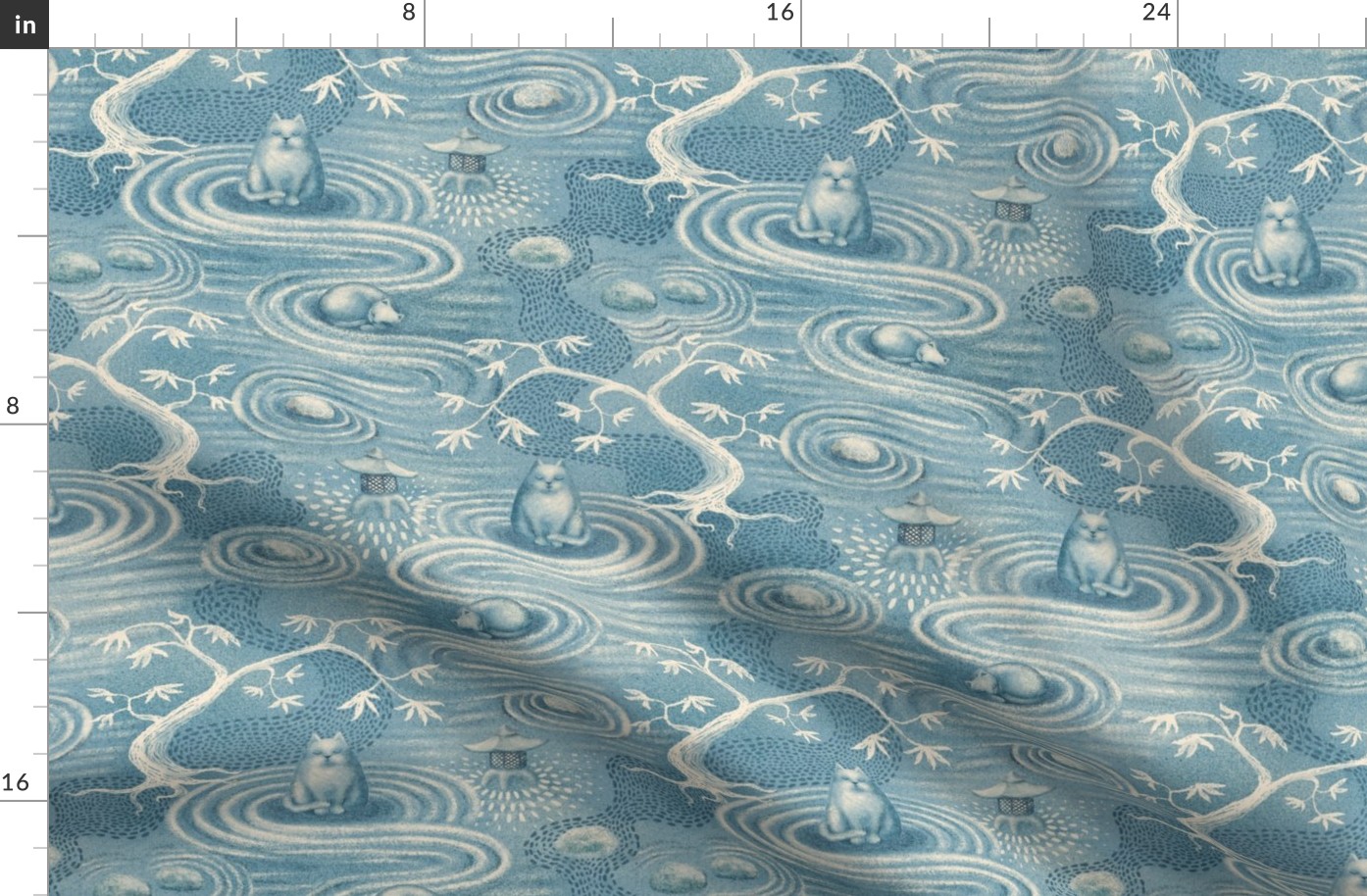 zen cats's garden wallpaper - aqua blue and ivory - medium scale