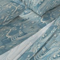 zen cats's garden wallpaper - aqua blue and ivory - large scale - Fabric size revised on 05/01/2024!