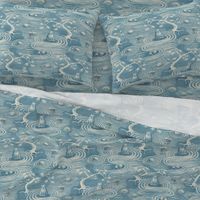 zen cats's garden wallpaper - aqua blue and ivory - large scale - Fabric size revised on 05/01/2024!