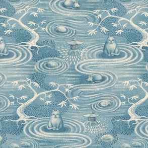 zen cats's garden wallpaper - aqua blue and ivory - large scale - Fabric size revised on 05/01/2024!