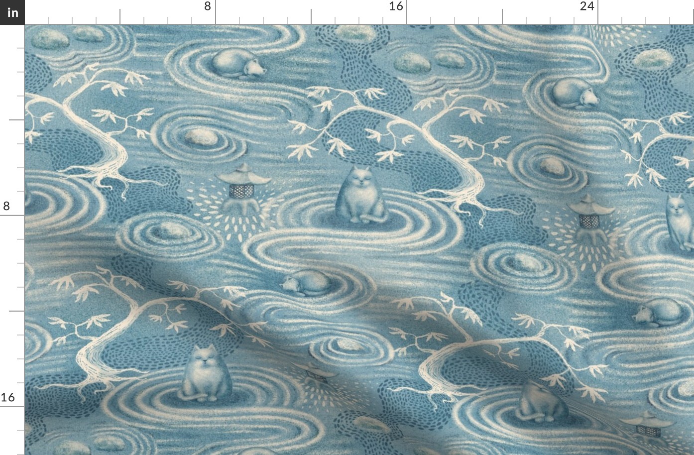 zen cats's garden wallpaper - aqua blue and ivory - large scale - Fabric size revised on 05/01/2024!