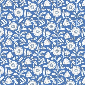Blue and white block print arts and crafts simple trailing florals, worn out textured