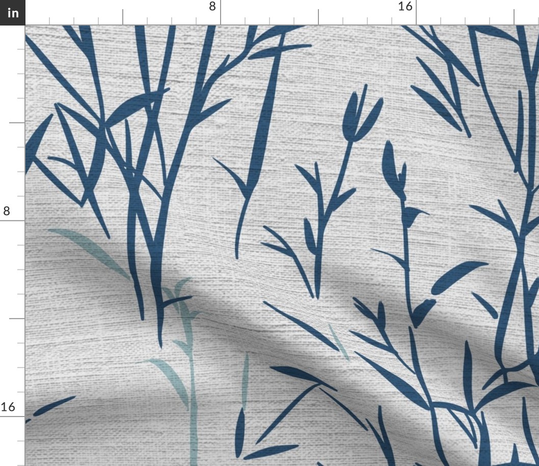 Shades of Serenity - blue grass with leaves in shades of blue on light grey with linen texture - large scale