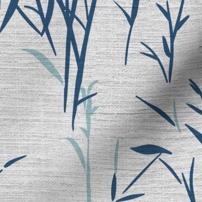 Shades of Serenity - blue grass with leaves in shades of blue on light grey with linen texture - medium scale