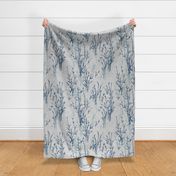 Shades of Serenity - blue grass with leaves in shades of blue on light grey with linen texture - medium scale