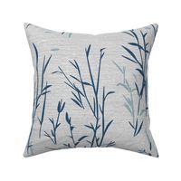 Shades of Serenity - blue grass with leaves in shades of blue on light grey with linen texture - medium scale