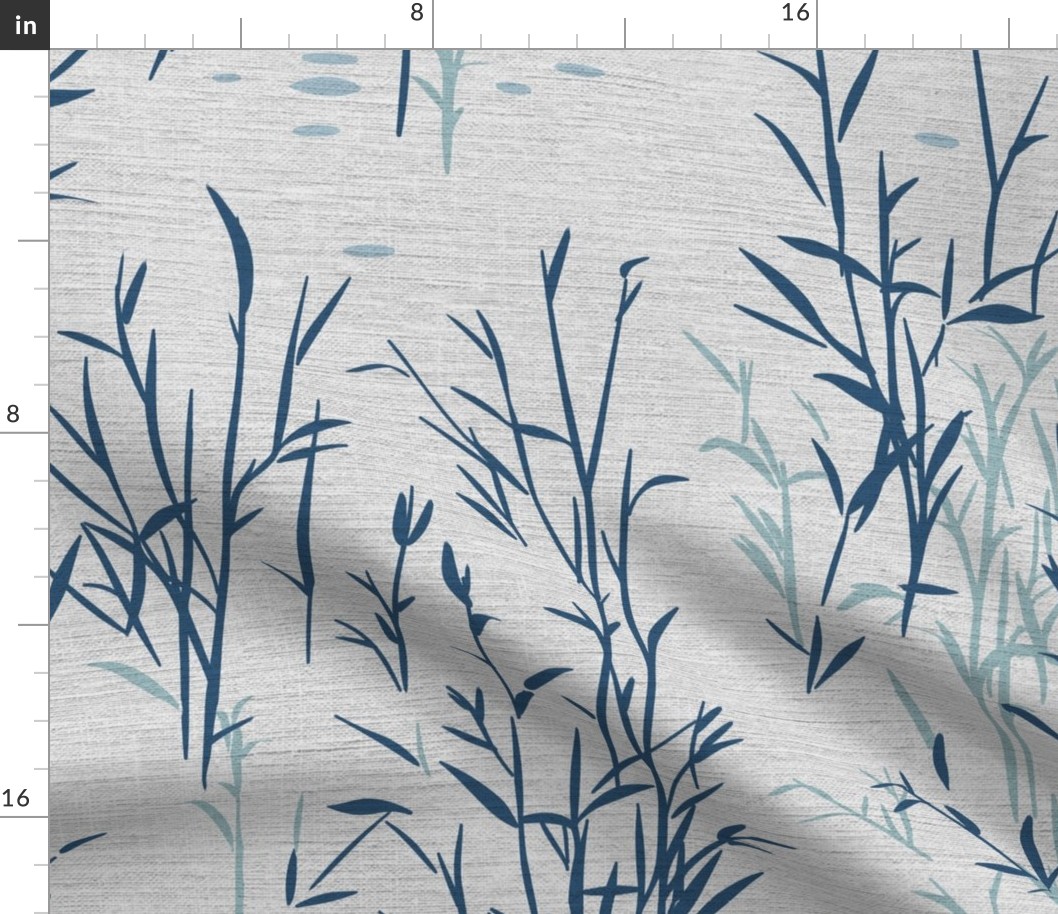 Shades of Serenity - blue grass with leaves in shades of blue on light grey with linen texture - medium scale
