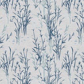 Shades of Serenity - blue grass with leaves in shades of blue on light grey with linen texture - small scale