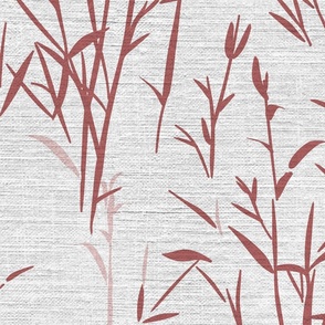 Shades of Serenity - grass with leaves in shades of red on light grey with linen texture - large scale