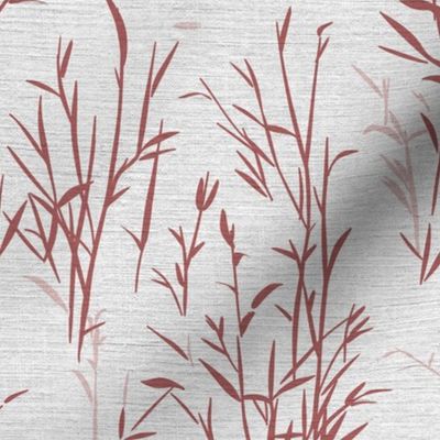 Shades of Serenity - grass with leaves in shades of red on light grey with linen texture - small scale