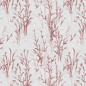 Shades of Serenity - grass with leaves in shades of red on light grey with linen texture - small scale