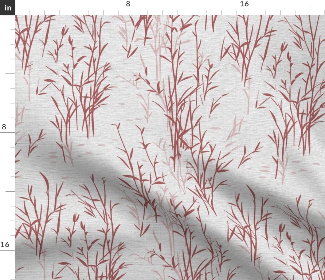Shades of Serenity - grass with leaves in shades of red on light grey with linen texture - small scale