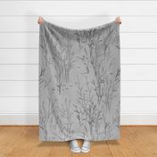 Shades of Serenity - grass with leaves in shades of grey on silver / light grey  with linen texture - large scale