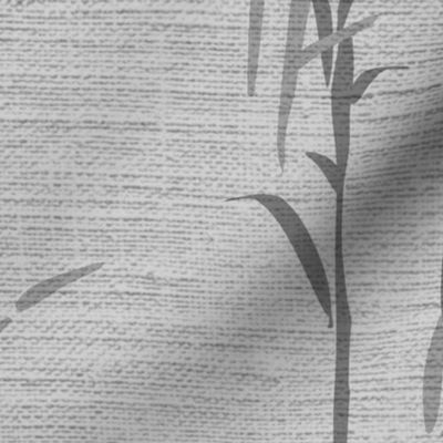 Shades of Serenity - grass with leaves in shades of grey on silver / light grey  with linen texture - large scale