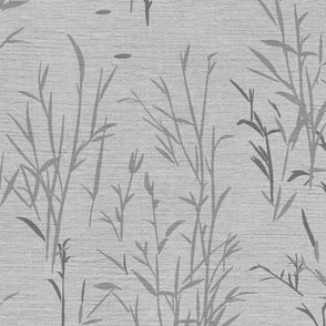 Shades of Serenity - grass with leaves in shades of grey on silver / light grey  with linen texture - medium scale