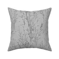 Shades of Serenity - grass with leaves in shades of grey on silver / light grey  with linen texture - small scale