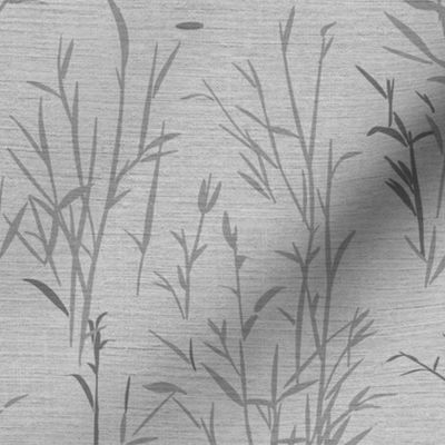 Shades of Serenity - grass with leaves in shades of grey on silver / light grey  with linen texture - small scale