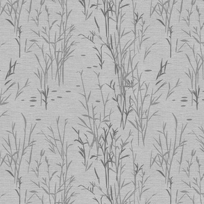 Shades of Serenity - grass with leaves in shades of grey on silver / light grey  with linen texture - small scale