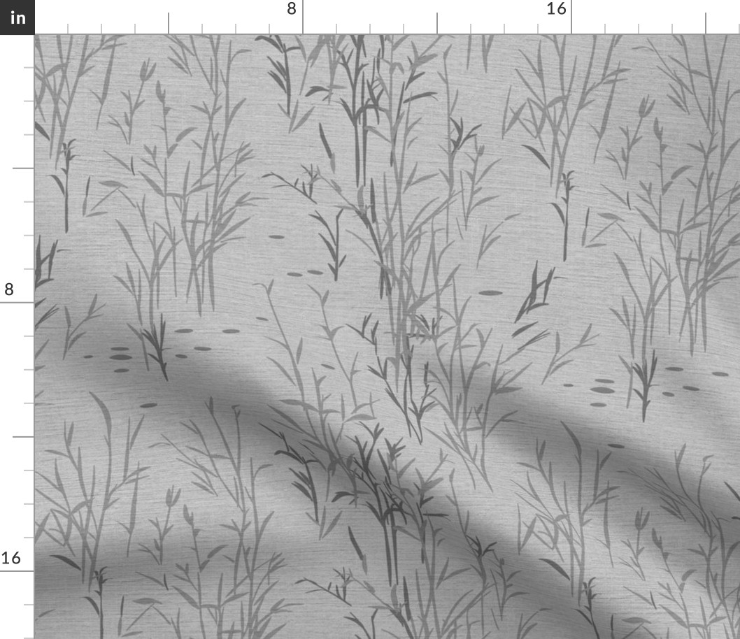 Shades of Serenity - grass with leaves in shades of grey on silver / light grey  with linen texture - small scale