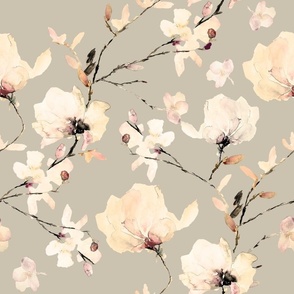 White floral  on beige / magnolia watercolor 