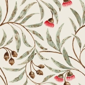 Medium Arts and Crafts Watercolor Eucalyptus Blossom Tree Branches in Dulux Antique White USA Background