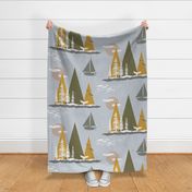 Coastal Scandinavian Scape Stone Blue Large - landscape, fish, sailboats, mountains, birds, trees, minimalist, relaxing, kids, nursery, wallpaper, bedding