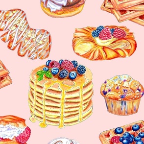 Hand drawn breakfast treats, pancakes, waffles, muffins and danish on peach large scale