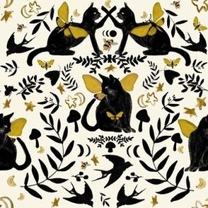 Black Cats with Gold Wings / Medium / Mushrooms