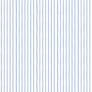 Stripe fabric, vertical stripes in light cobalt blue and white neutral farmhouse mini scale