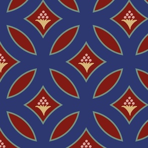 medieval interlocking circles with floral bouquets in blue and red | large