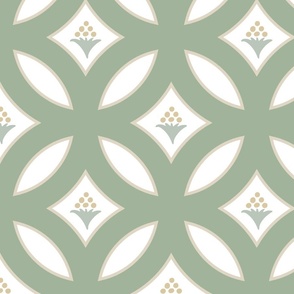 interlocking circles with floral bouquets in soft green on white | large