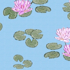 Textured Lily Pond - Serene Wallscape - Blue, Pink, Green (Bright)