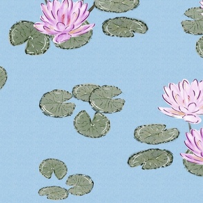 Textured Lily Pond - Serene Wallscape - Blue, Pink, Green (Muted)