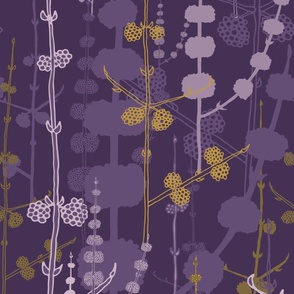 Jumbo - Beauty berry plants silhouetted and layered in shades of gold, mustard and lavender on a deep plum purple background. For wallpaper in any room.