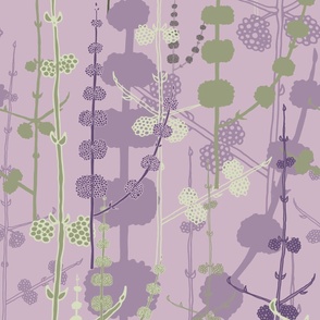 Jumbo - Beauty berry plants silhouetted and layered in shades of dusky lavender, pistachios and sage green on a soft lilac  purple background. For wallpaper in any room.