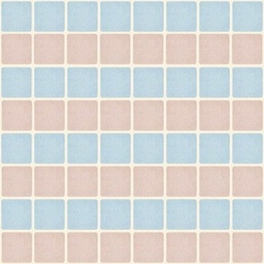 Plain blue and pink textured square ceramic tile with cement seams 