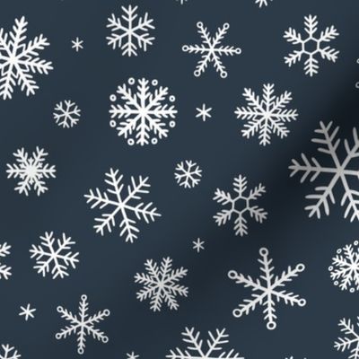 White Snowflakes scattered on dark navy grey - medium scale