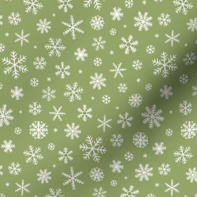 White Snowflakes scattered on olive - small scale