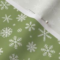 White Snowflakes scattered on olive - small scale