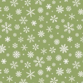 White Snowflakes scattered on olive - small scale