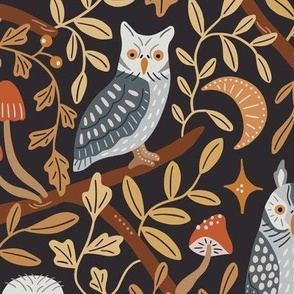 Nocturnals birds of prey from Spain - cute owls, branches and leaves in the fall woodlands - large scale