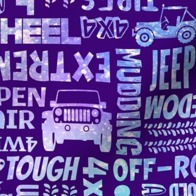 Large Scale Jeep 4x4 Adventures Word Cloud Off Road Vehicles in Blue and Purple Galaxy