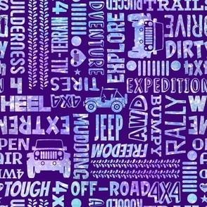 Large Scale Jeep 4x4 Adventures Word Cloud Off Road Vehicles in Blue and Purple Galaxy