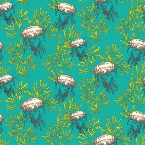 Jellyfish and Seaweed on Turquoise (small)