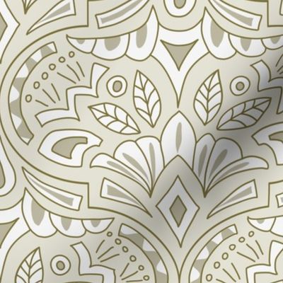 (L) French Country Medallion Ogee Pretty Soft Tan, Beige, Greige, Tan and Cream Modern Damask