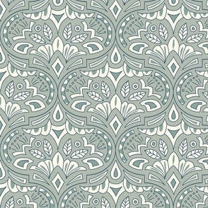 (L) French Country Medallion Ogee Pretty Soft Sage and Cream Modern Damask